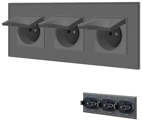 BSEED Prise Murale avec Couvercle Étanche,Prises electriques Standard avec borne enfichable,16A Prise de Courant Alternatif avec Panneau en Verre,Prise Encastrable pour Bureau à Domicile-3 Prises,Gris