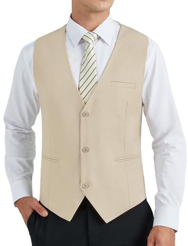 HISDERN Chaleco de Traje Hombre Champán Formal Elegante Chalecos Vestir para Hombre Boda Fiesta Negocio Clásico Color Liso con Bolsillo L