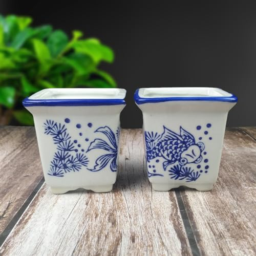 Pot de fleurs en céramique de style chinois 8 cm Bleu et blanc
