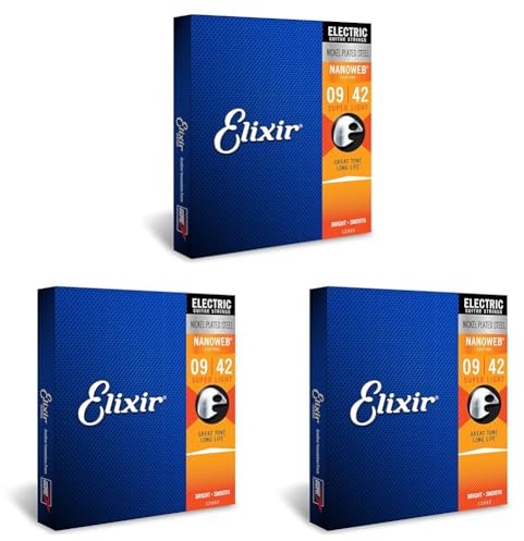 Elixir Cuerdas para guitarra eléctrica Strings con recubrimiento NANOWEB, calibre superligero (.009-.042) (Paquete de 3)