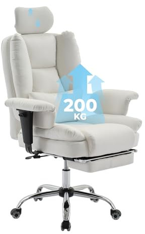 WOTSTA Bürostuhl Ergonomisch 200kg PU Leder, Computerstuhl mit Lendenwirbelstütze und hoher Rückenlehne, Ergonomischer Schreibtischstuhl mit anhebbarer Kopfstütze, Weiß