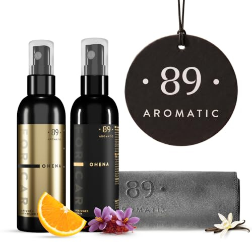 Aromatic •89• Autoduft Parfüm Set - Safran, Jasmin & Orange - Auto Duftspray, Reinigungsspray, Mikrofasertuch & Hängepapier Lufterfrischer für Auto Pflege