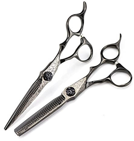 Professionelle Haarschneideschere, professionelle 6-Zoll-Haarschneideschere aus schwarzem Damast mit Blumenschraube, Effilierschere für den Haarschnitt, Friseurschere (Effilierschere) (Set)