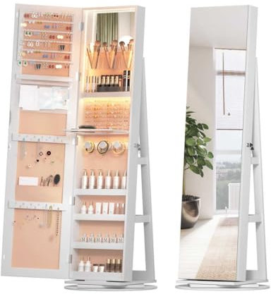 Armoire à bijoux 3 en 1 avec miroir sur pied et lumières LED, rotation à 360 °, armoire à bijoux verrouillable 3 en 1 avec étagère de rangement