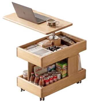 YESWOOD Massivholz Beistelltisch mit Rollen, Mobiler Couchtisch mit Stauraum, Höhenverstellbarer Couchtisch für Wohnzimmer, Schlafzimmer & Esszimmer – Keine Montage erforderlich (Eiche)