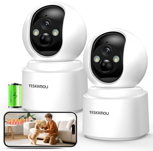 YESKAMOU 2,5K 4MP Überwachungskamera Innen Akku, 360° WLAN innenkamera mit akku, 2,4/5 GHz WiFi, 360° Kamera Indoor, Farb-Nachtsicht, Bewegungserkennung, Zwei-Wege-Audio, 2 Stück