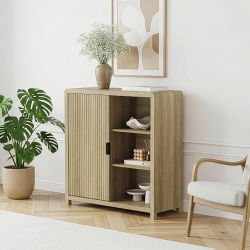 [en.casa] Kommode Lukkodso mit 1 Tür geriffelt Schrank mit 5 Fächern Wohnzimmerschrank Sideboard Aufbewahrungsschrank 82 x 75 x 30 cm Flur Eicheoptik mitellhell