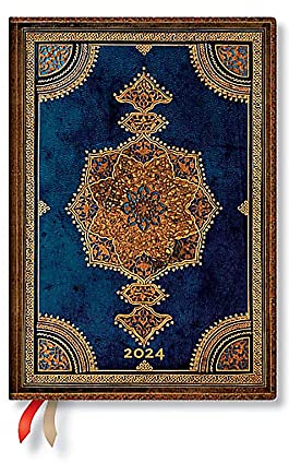 Paperblanks Flexi 12-Monatskalender 2024 Safawidisch Indigo, Day-at-a-Time - Midi (175 x 125), Englisch (Feiertage International)