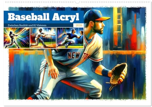 Baseball Acryl - Zwischen Realität und KI Visionen (Wandkalender 2026 DIN A2 quer), CALVENDO Monatskalender: Ein dynamischer Catch in lebhaften Farben. (CALVENDO Sport)