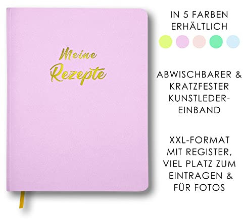 Meine Rezepte lavendel: Großes Rezeptbuch zum Selberschreiben im Leder-Look mit Register und Platz für Fotos, liniert