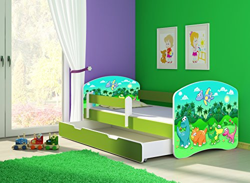 CLAMARO 'Fantasia Grün' 160 x 80 Kinderbett Set inkl. Matratze, Lattenrost und mit Bettkasten Schublade, mit verstellbarem Rausfallschutz und Kantenschutzleisten, Design: 30 Dinosaurier