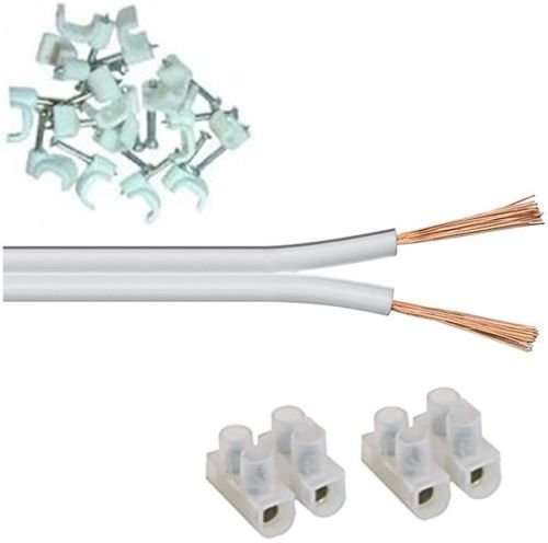 electrosmart Speaker Cable Extension Kit – Includes White 2x 13 Strand - White Clips - Speaker Cable Joining Block (5m Kit)