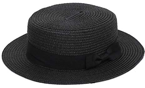 Elonglin Femme et Enfant Chapeau de Paille de Soleil Panama Capeline Chapeau Porkpie avec Nœud Papillon Noir Adulte