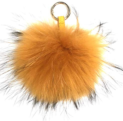 FISH IN THE SEA - Echtfell - Bommel - Senf Gelb mit silbernen Schlüsselring - XXL - 17-19cm - Premium - Fellbommel - Echtpelz - Pelzbommel - Taschenanhänger - Schlüsselanhänger