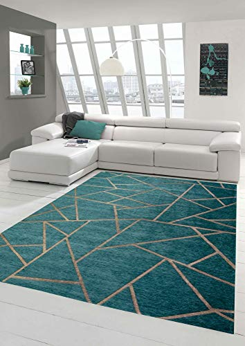 Merinos Orientteppich Wohnzimmer Teppich Geometrisches Muster in Türkis Bronze Größe 200 x 290 cm