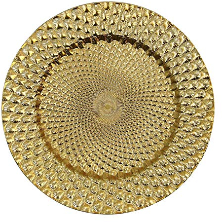WELMATCH Gold Plastic Peacock Charger Plates - 12 pcs 13 Inch Round Wedding Party Decroation Charger Plates (Peacock Gold, 12)