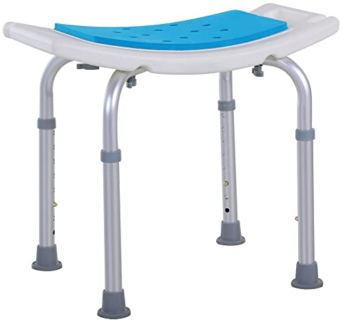 HOMCOM 6-Level Height Adjustable Aluminium Bath Room Stool Chair Shower Non-Slip Design w/Padded Seat Drainage Holes Foot Pad, Blue