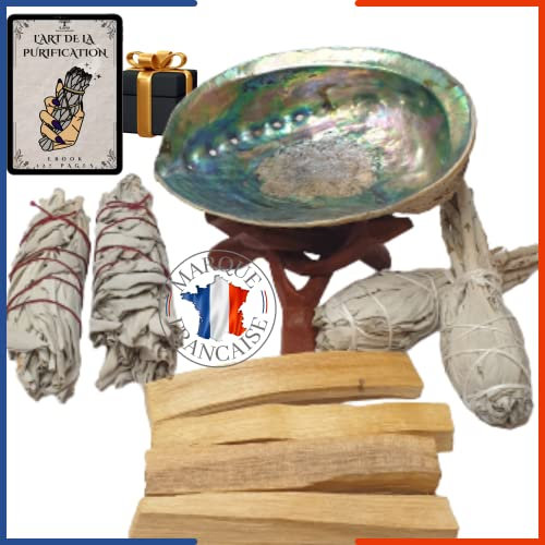 Coffret 2 Batons Sauge Blanche Purification a Bruler Coquille Ormeau | 2 Torches de Sauge | 2 bâtonnets Palo Santo (Bois de Santal)|Trépied | Encens Naturel 100%-Ebook l'art de la Fumigation(PDF)
