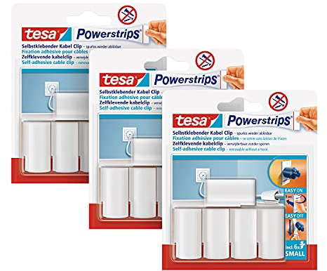 tesa Powerstrips Kabelclip im 3er Pack - Kabel Clip selbstklebend - Zur Fixierung von Kabeln - In Weiß - 3 x 5 Kabel Clips