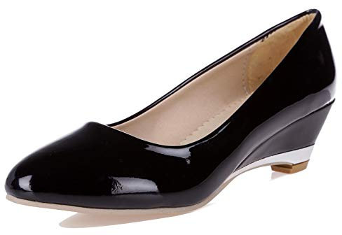 MJIASIAWA Women Closed Toe Slip On Fashion Patent Wedge Mid Heel Court Shoes Bride Wedding Comfy Dress Fashion Pumps Party Black Size 8.5 UK/44 Asian