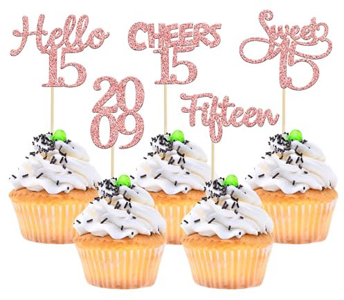 Gyufise 30 Pack Rose Gold Glitter 15th Birthday Cupcake Toppers Hello Sweet Cheers to 15 Fifteen Since 2009 Cupcake Picks for 15th Birthday Party Cake Decorations Supplies