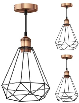 ledscom.de 3 Stück Vintage Pendelleuchte RETRA, bronze, E27 Fassung, Käfig-Schirm