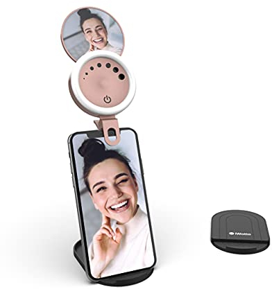 iWotto Aro de Luz LED para Móvil con Stand y Espejo - 3 Modos y 7 Intensidades de Luz - Anillo Luz para Selfie, TikTok - Ring Light Recarga USB - 24 Leds Universal para Smartphone, Tablet - Rosa