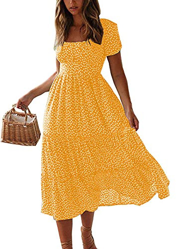 Colisha Womens Short Puff Sleeve Square Neck Floral Midi Dresses Flared Flowy Chiffon Maxi Dress Summer Beach Holiday Sundress XL Yellow