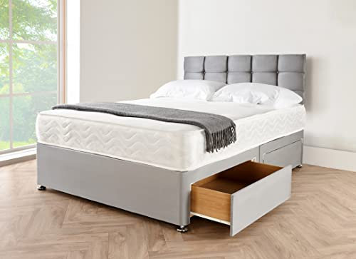 Grey Suede Divan Bed Base With Spring memory foam Mattress, Cube Headboard & 2 Storage Drawers (2 Drawers, 4FT Small Double) (new 2022)