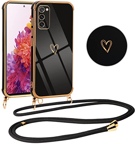 Vauki Handykette Hülle für Samsung Galaxy S20 FE 4G/5G mit Band, mit Liebesmuster TPU Handyhülle Ultra dünn Stoßfeste, Galvanik Silikon Case Bumper mit Kordel zum Umhängen für Samsung S20 FE, Schwarz