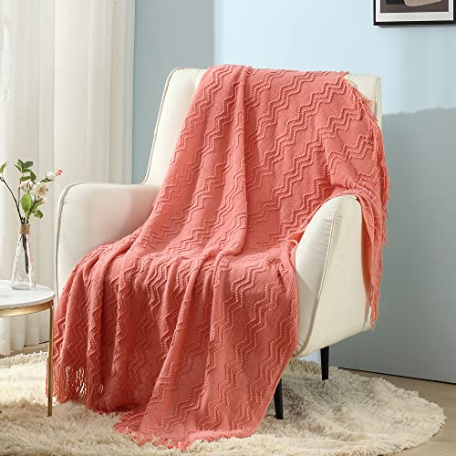 CREVENT Gestrickte dekorative Überwurfdecke für Couch, Sofa, Stuhl, Bett, weich, warm, gemütlich, leicht, für Frühling, Sommer, Herbst (127,7 x 152,4 cm, Lachs)