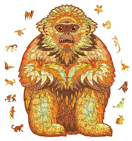 AthlChamp Holzpuzzle für Erwachsene und Kinder, magische Holzpuzzle in Tierform, einzigartig geformte Puzzleteile, 22.1 x 30 cm, 200 Teile, Goldener AFFE, Medium