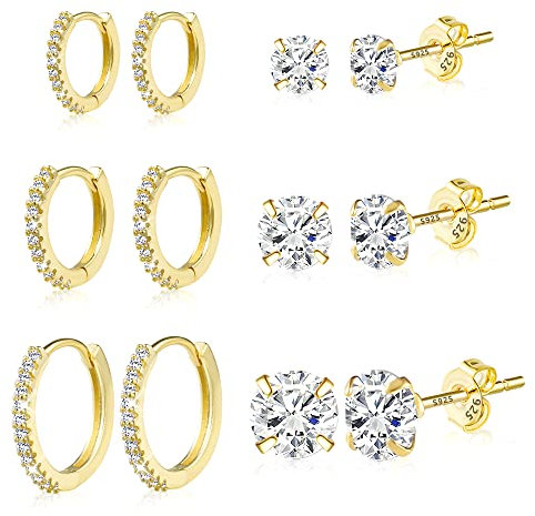 ALEXCRAFT Gold Earrings Set, 6 Pairs 14K Real Goldplated Hoop Earrings Set for Women, Shiny AAA+ Diamond Zirconia Hoops Mini Ball Studs Small Gold Eairrngs, Hypoallergenic Cartilage Huggie Earrings