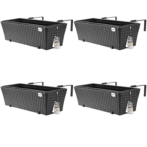 CASARIA® Set of 4 Flower Boxes | Weatherproof Rattan | Hangable with Mounting Brackets | Floating Planters Balcony | Windowsill | Railing | Gate | Fence | 60x20x19cm | 11 L | Black...
