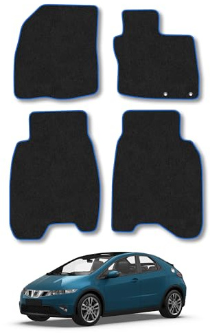 Fits Honda Civic (2005-2008) Carpet Car Mats | Blue Edge Trim Tailored Fit Floor Mats Full Coverage Protection Accessories Easy Clean Anti Slip Made in the UK