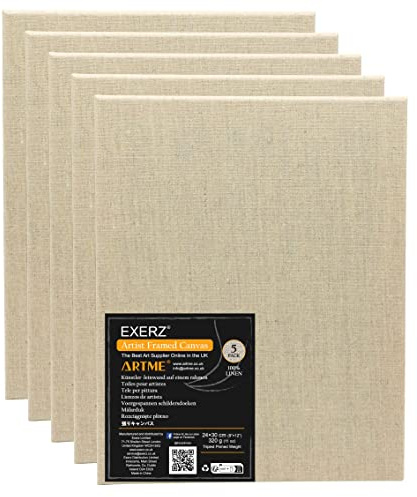 Exerz Tela di Lino 24x30cm 5 Pezzi, Tele Intelaiate 1,7cm, 320g/m², 100% Lino, Triplo Primer, Senza Acidi, Grana Media, per Acrilico e Olio