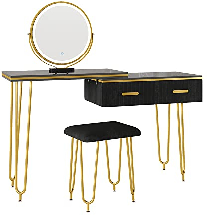 Vicco Schminktisch Zoey, Schwarz Hochglanz, 120 cm mit LED Spiegel und Hocker