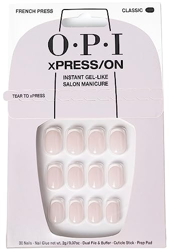 OPI xPRESS/ON French Press | Faux ongles press-on French manucure, courts, forme ronde | Avec colle pour ongles | Longue tenue, réutilisables, respectueux des ongles.