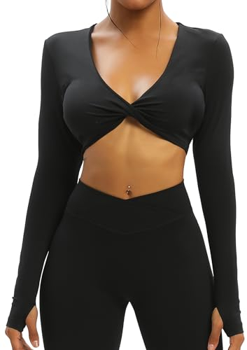 TZLDN Sport Oberteile Damen Rückenfrei T-Shirt Gym Top Yoga Langarm Crop Top Sportshirt Leicht Fitness Oberteil mit Daumenloch Twist - Schwarz S