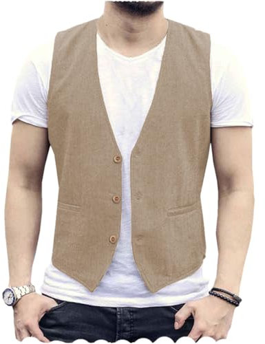 AeoTeokey Gilet d'été en lin pour homme, décontracté, coupe droite, champagne, S