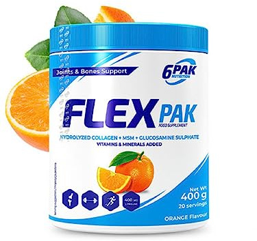 6Pak - Flex Pak - Hydrolysiertes Kollagen + MSM + Glucosamin Suplhate - Vitamine und Mineralien - Gelenke und Knochen unterstützen - 400g Pulver - Geschmack: (Orange)