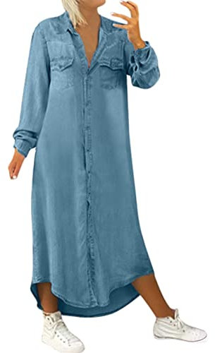Abito da donna con scollo a V, in denim, estivo, a maniche lunghe, per feste, a tunica, in jeans, per il tempo libero, da donna, stile vintage, con tasche, Azzurro, S