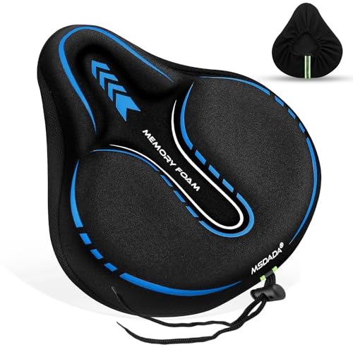 MSDADA Gel Gepolsterter Fahrradsattelbezug, Extra Weicher Schaum Breit Groß Memory Foam Sattelbezug für MTB, Heimtrainer Fahrrad, Peloton, Bequem Sattelpolster für Damen Herren Senioren(Blau)