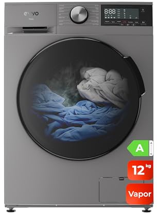 EVVO Lavadora 12kg, Vapor, Motor Inverter, Bajo consumo, Clase A, Hygiene Pro, Lavado Rápido 15', Tambor ePROTECT, SMART LOAD, 1400 rpm, 13 programas, Carga frontal, Nova (12Kg, Inox)