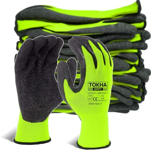 TOKHA SAFETY 6 Pairs Thermal Work Gloves with HI Viz Latex Coating for Builders, Men in Cold Freezer, Gardening, General Handling, General Maintenance, Logistics, and Outdoor Activities. (Large [9])