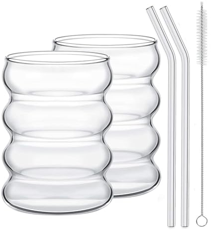 Vasos de Vidrio Acanalados con Pajitas, Vasos de Bebidas con Forma de Onda con Pajitas, Vasos de Vidrio con Burbujas en Forma de Onda, Vasos Ondulados, Vasos de Café Helado, Vasos de Cóctel(#2)