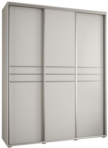 MEBLE KRYSPOL Cannes 10 Moderner Schrank mit 3 Schiebetüren mit Stange, Regale - Aufbewahrungsschrank für Schlafzimmer, Wohnzimmer - 205,2x190x45 cm - Weiß Weiß Silber