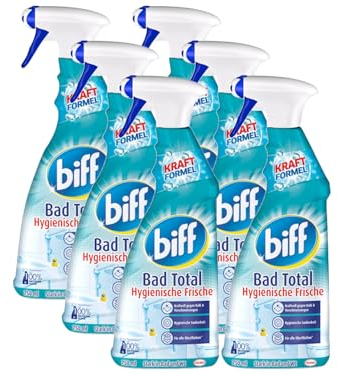 Biff Bad Total Hygienische Frische Badreiniger (6x 750 ml), Bad Reiniger gegen Kalk & Schmutz, Sprühflasche, Kalkentferner für alle Oberflächen und hygienische Sauberkeit im ganzen Bad