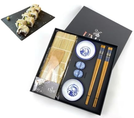 UMAI Kit Sushi | Kit Para Hacer Sushi En Casa | Regalo Ideal Para Principiantes | Set Sushi 2 Esterillas Sushi + Paleta + 2 Juegos De Palillos + 2 Cuencos Soja + 2 Soportes Palillos + QR con Recetario