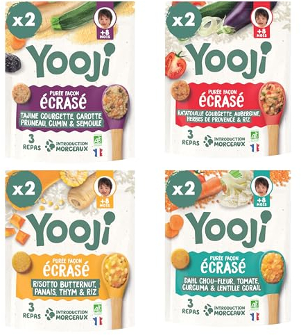 Yooji - 24 Repas BIO Pour Bébé dès 8 Mois - Les Écrasés, Purées Spécial Introduction Morceaux pour la Diversification Alimentaire - 4 Recettes Tajine Ratatouille Dahl Risotto - Lot 8x400g